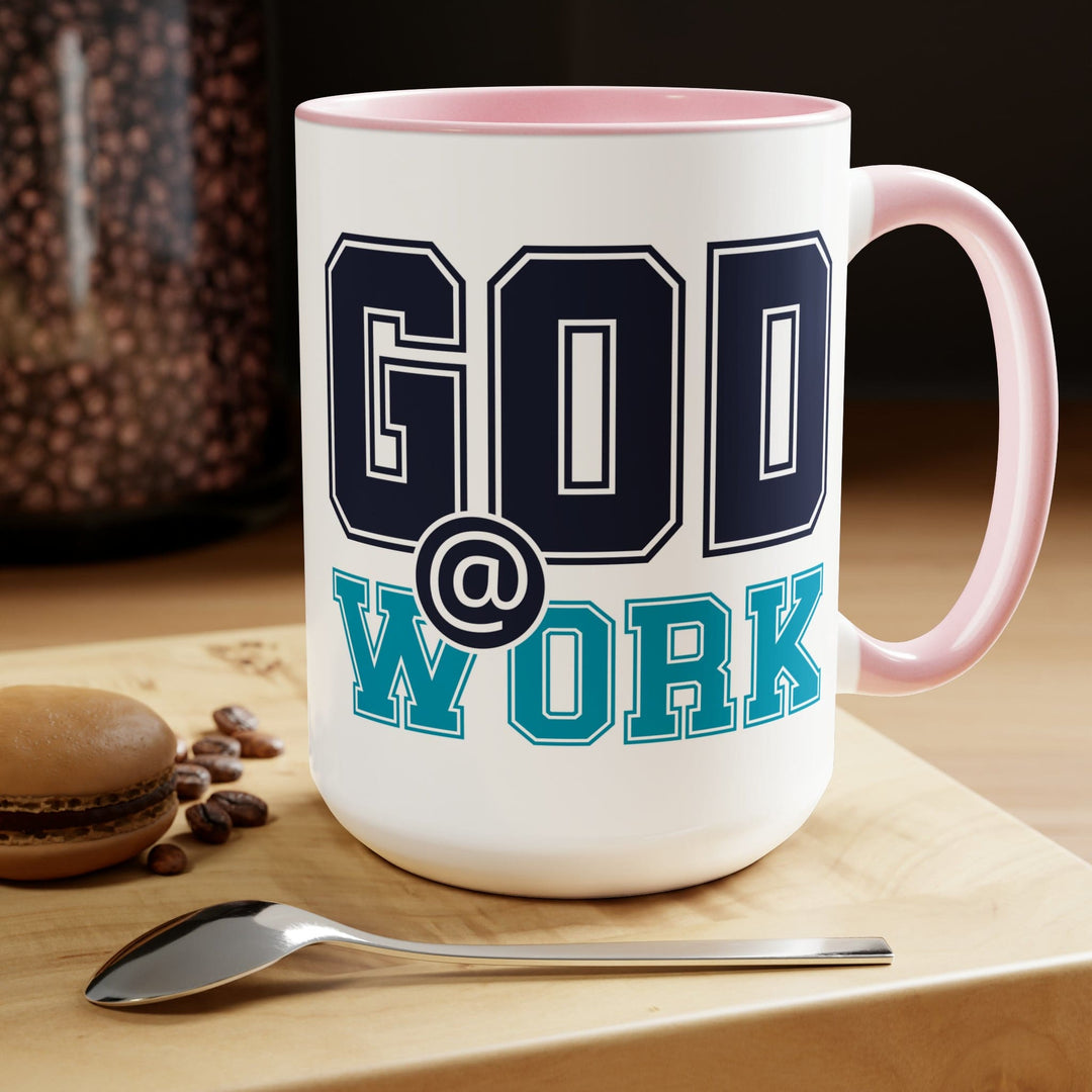 Accent Ceramic Coffee Mug 15oz - God @ Work Navy Blue and Blue Green Print