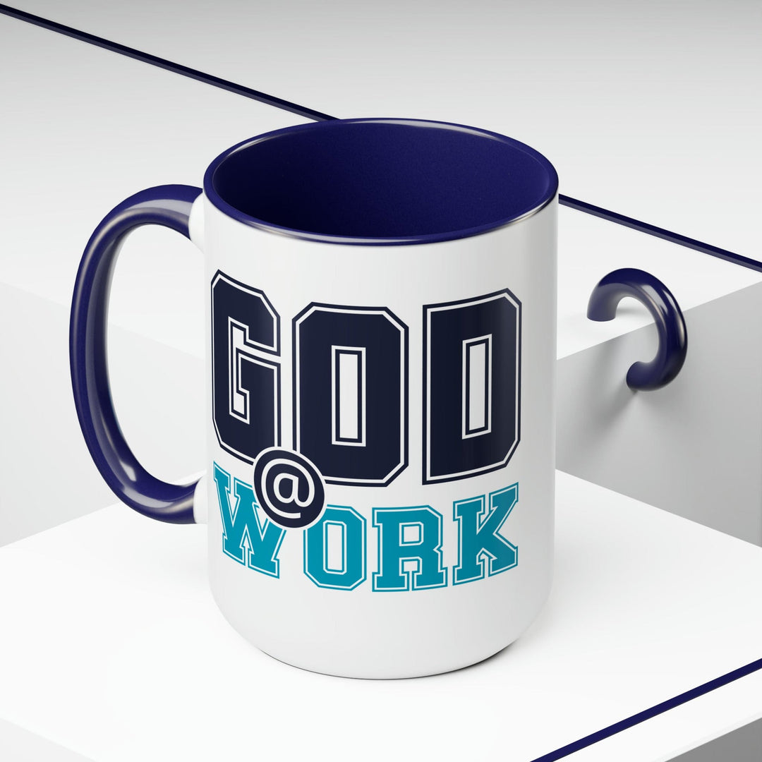 Accent Ceramic Coffee Mug 15oz - God @ Work Navy Blue and Blue Green Print