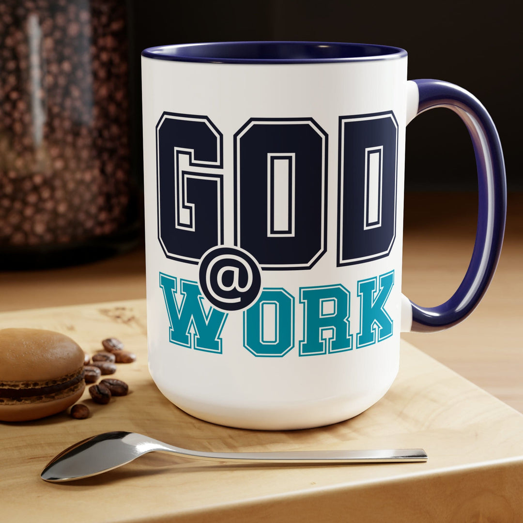 Accent Ceramic Coffee Mug 15oz - God @ Work Navy Blue and Blue Green Print