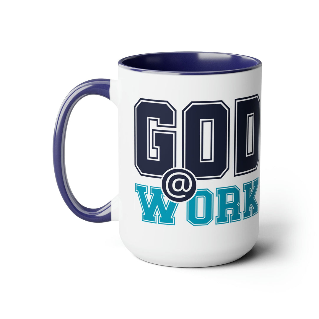 Accent Ceramic Coffee Mug 15oz - God @ Work Navy Blue and Blue Green Print