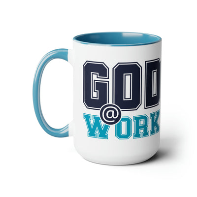Accent Ceramic Coffee Mug 15oz - God @ Work Navy Blue And Blue Green Print -