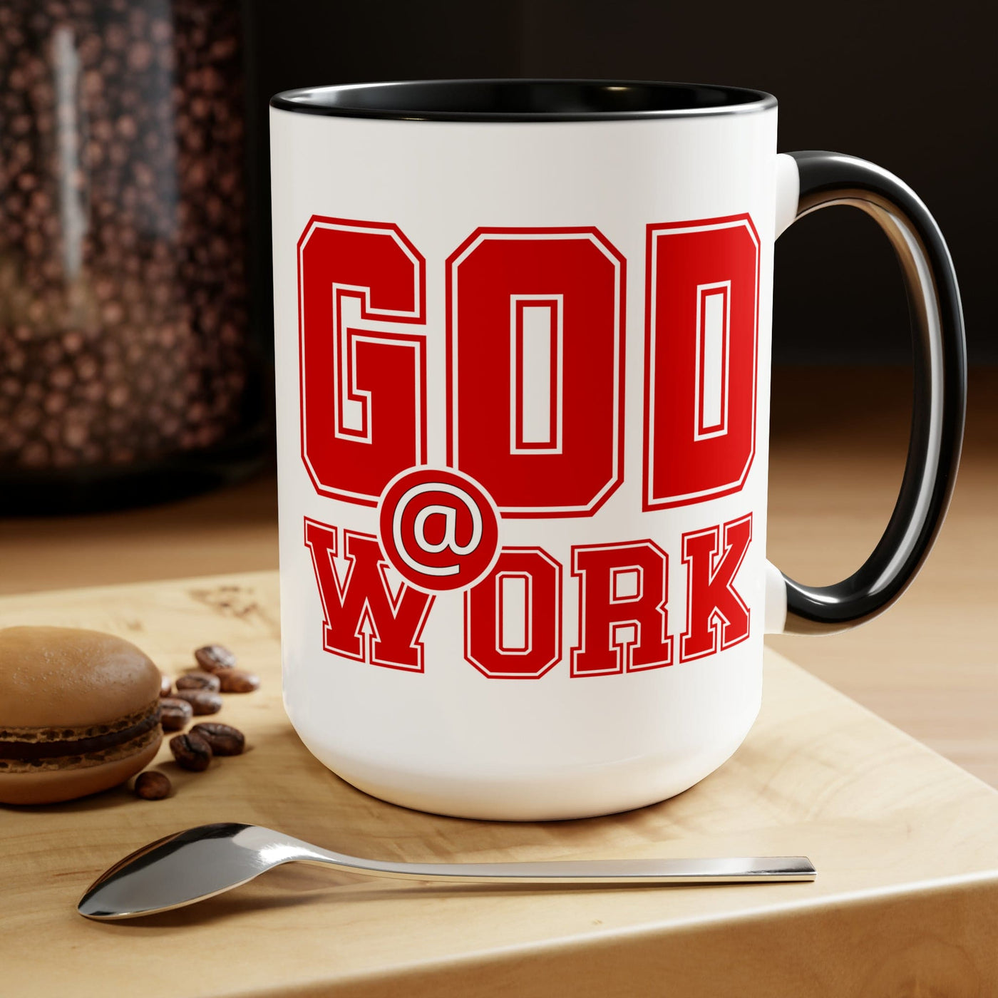 Accent Ceramic Coffee Mug 15oz - God @ Work Red And White Print - Decorative