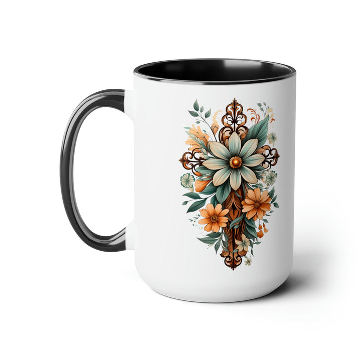 Accent Ceramic Coffee Mug 15oz - Green Brown Christian Cross Floral Bouquet