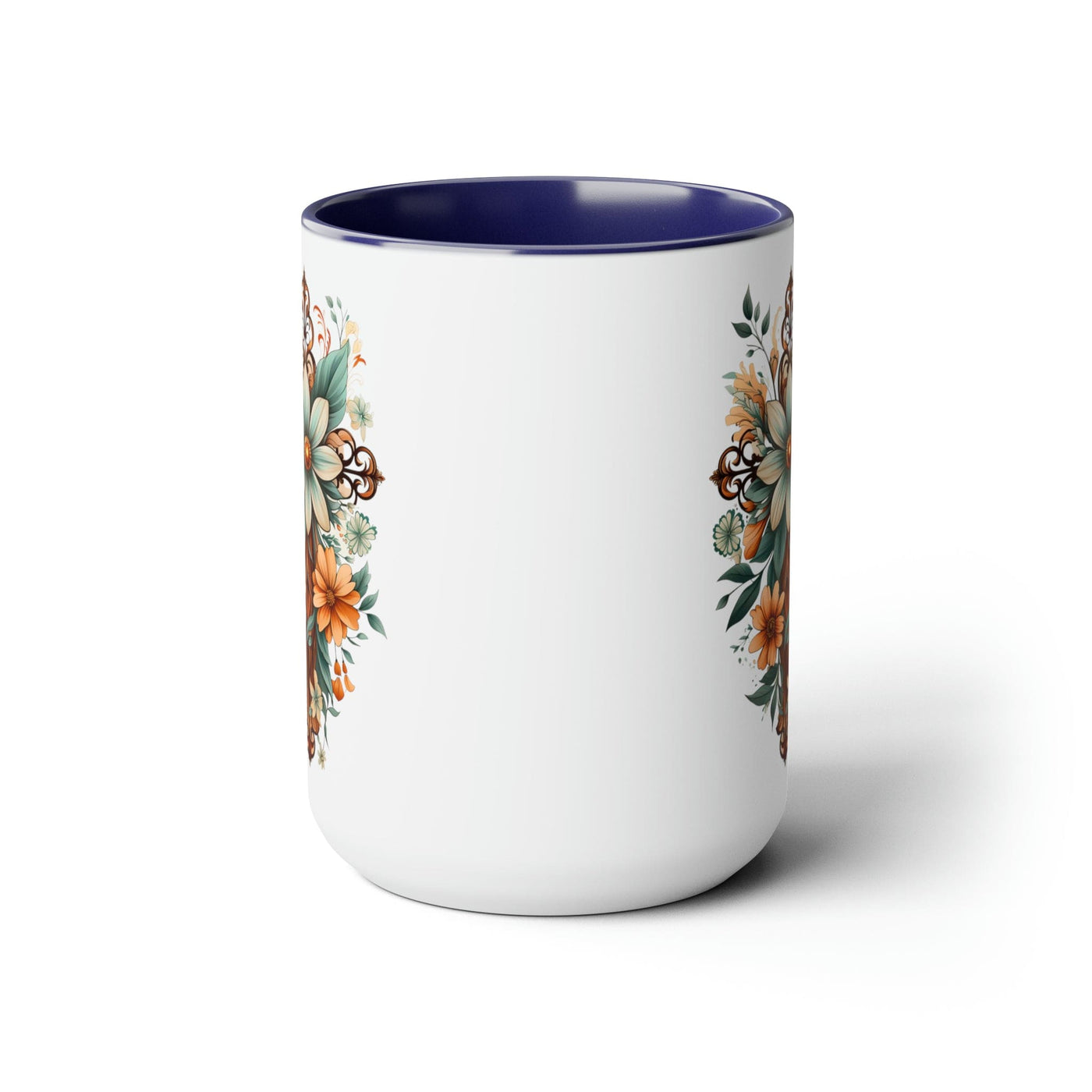 Accent Ceramic Coffee Mug 15oz - Green Brown Christian Cross Floral Bouquet