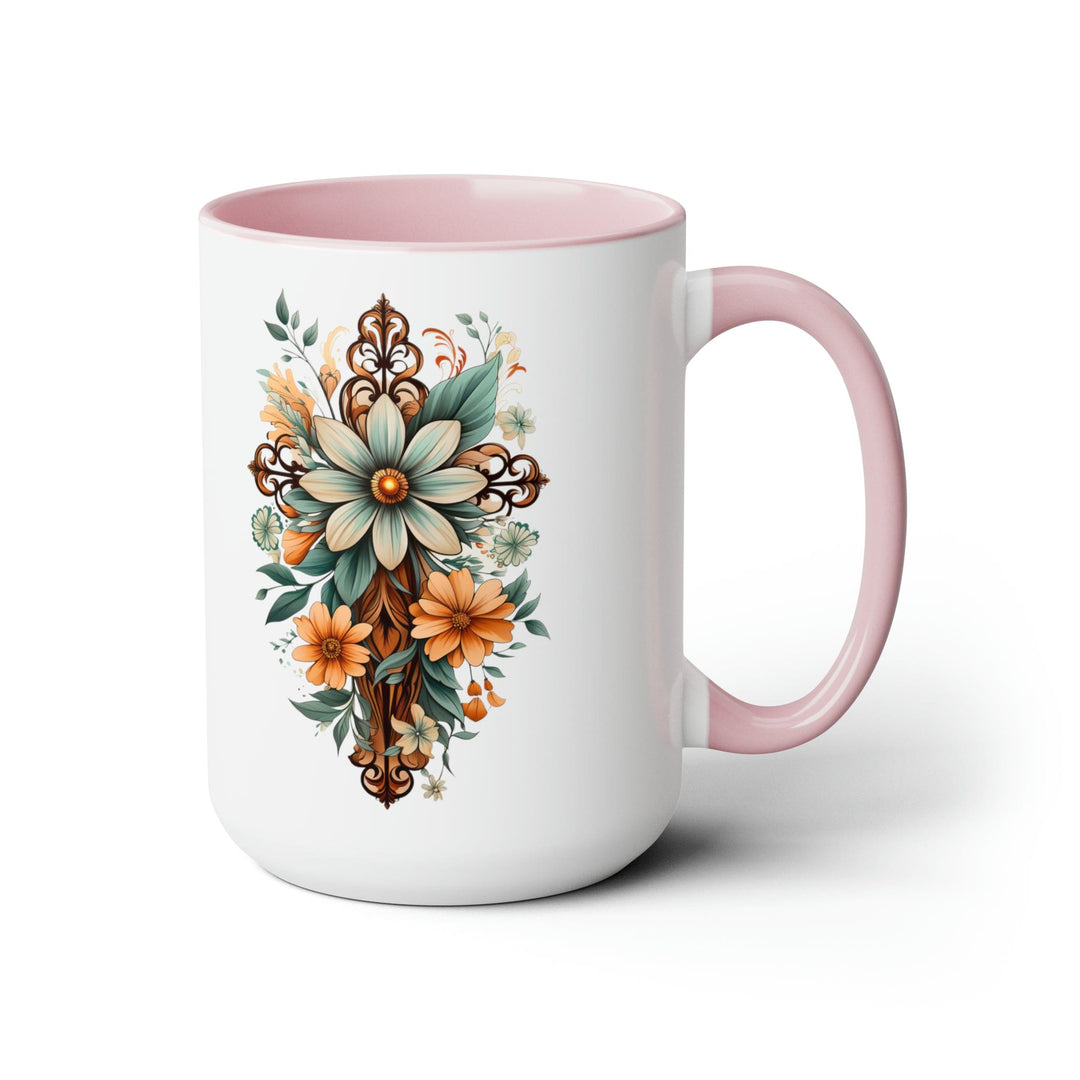 Accent Ceramic Coffee Mug 15oz - Green Brown Christian Cross Floral Bouquet