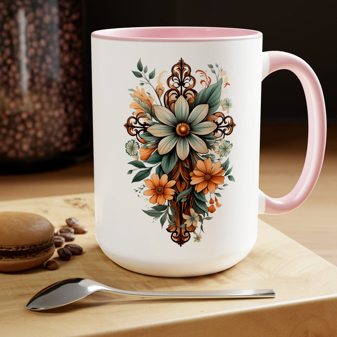 Accent Ceramic Coffee Mug 15oz - Green Brown Christian Cross Floral Bouquet