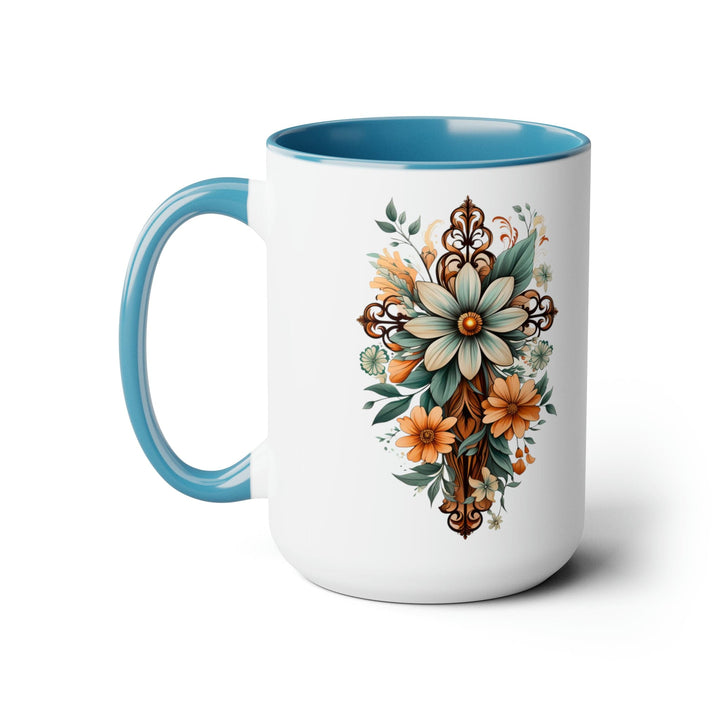 Accent Ceramic Coffee Mug 15oz - Green Brown Christian Cross Floral Bouquet