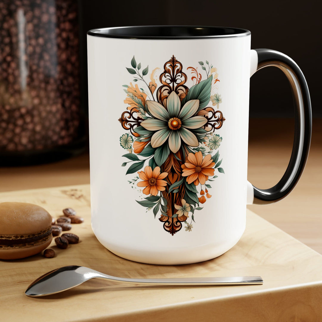 Accent Ceramic Coffee Mug 15oz - Green Brown Christian Cross Floral Bouquet