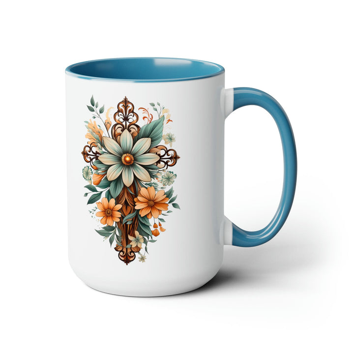 Accent Ceramic Coffee Mug 15oz - Green Brown Christian Cross Floral Bouquet