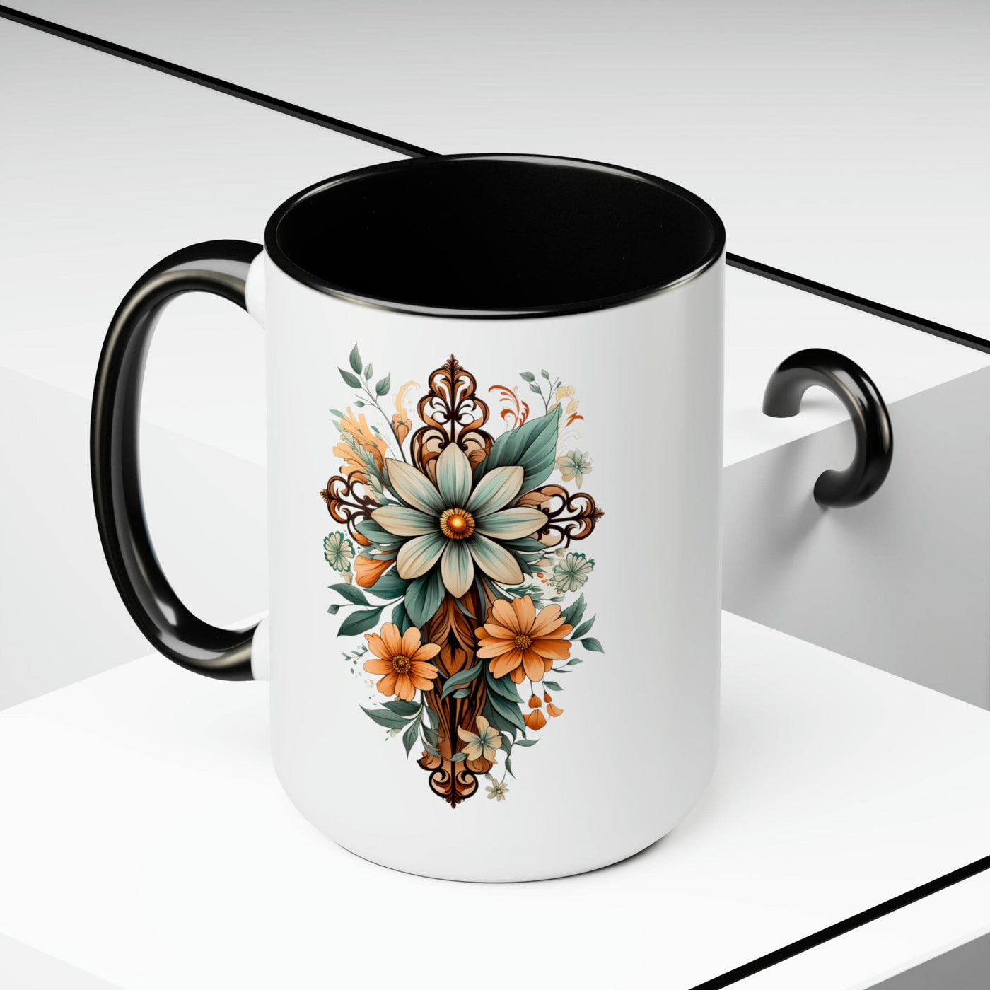 Accent Ceramic Coffee Mug 15oz - Green Brown Christian Cross Floral Bouquet
