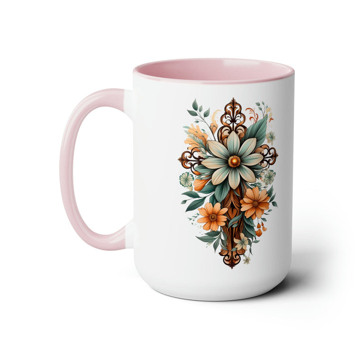 Accent Ceramic Coffee Mug 15oz - Green Brown Christian Cross Floral Bouquet