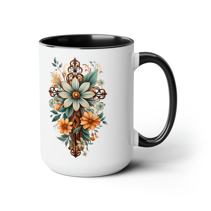 Accent Ceramic Coffee Mug 15oz - Green Brown Christian Cross Floral Bouquet