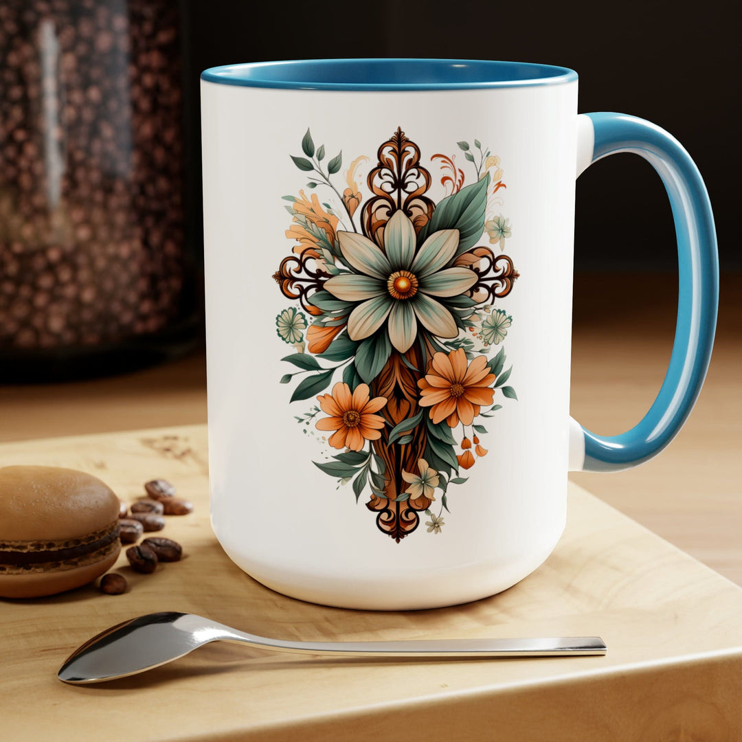 Accent Ceramic Coffee Mug 15oz - Green Brown Christian Cross Floral Bouquet