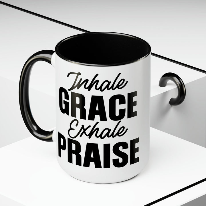 Accent Ceramic Coffee Mug 15oz - Inhale Grace Exhale Praise Black Illustration