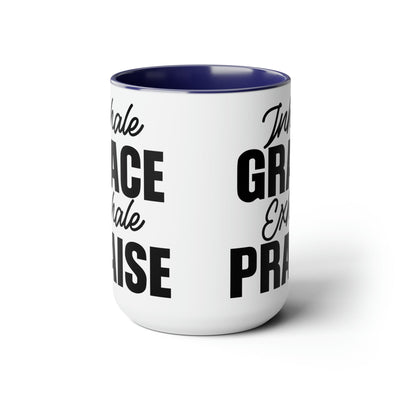 Accent Ceramic Coffee Mug 15oz - Inhale Grace Exhale Praise Black Illustration -