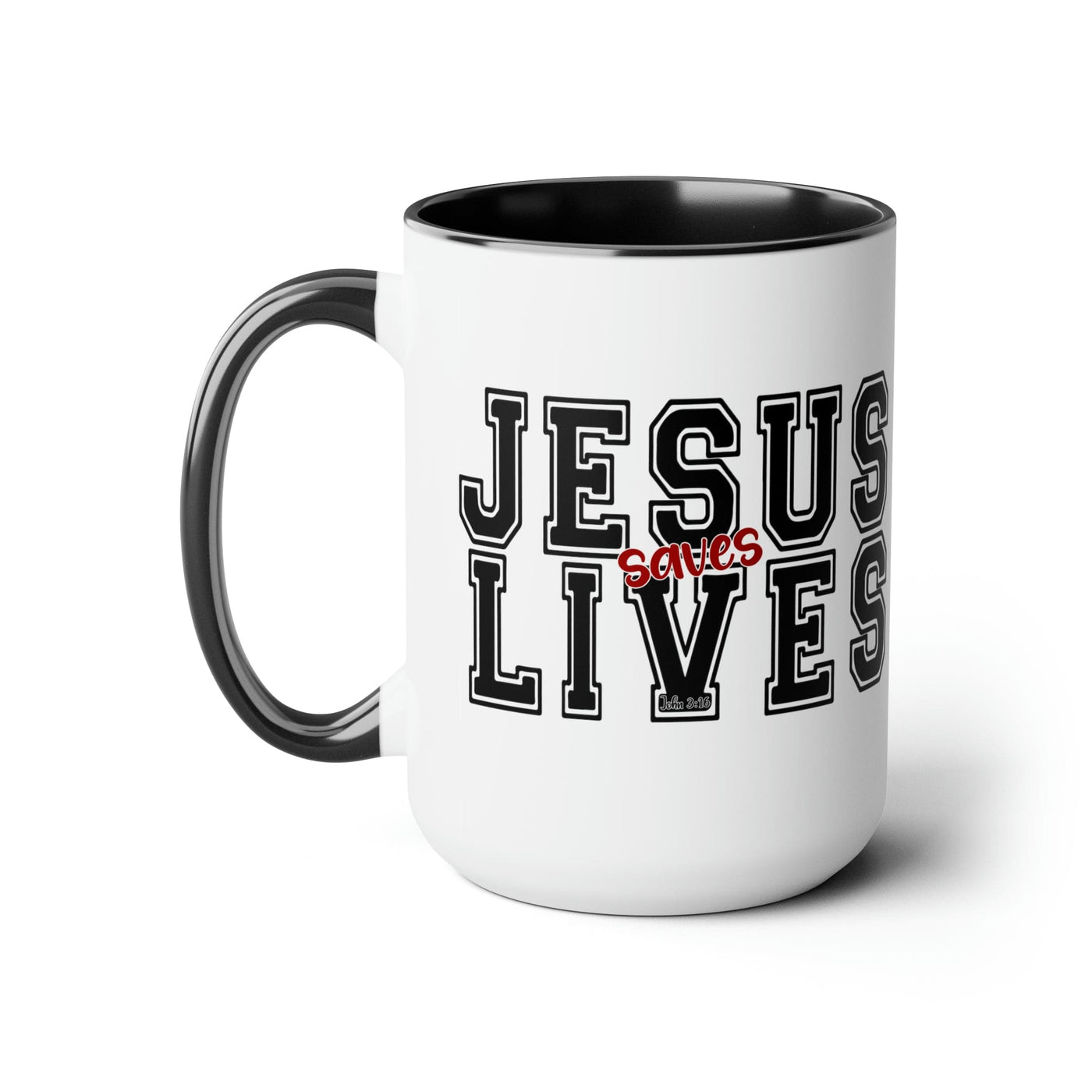 Accent Ceramic Coffee Mug 15oz - Jesus Saves Lives Black Red Illustration