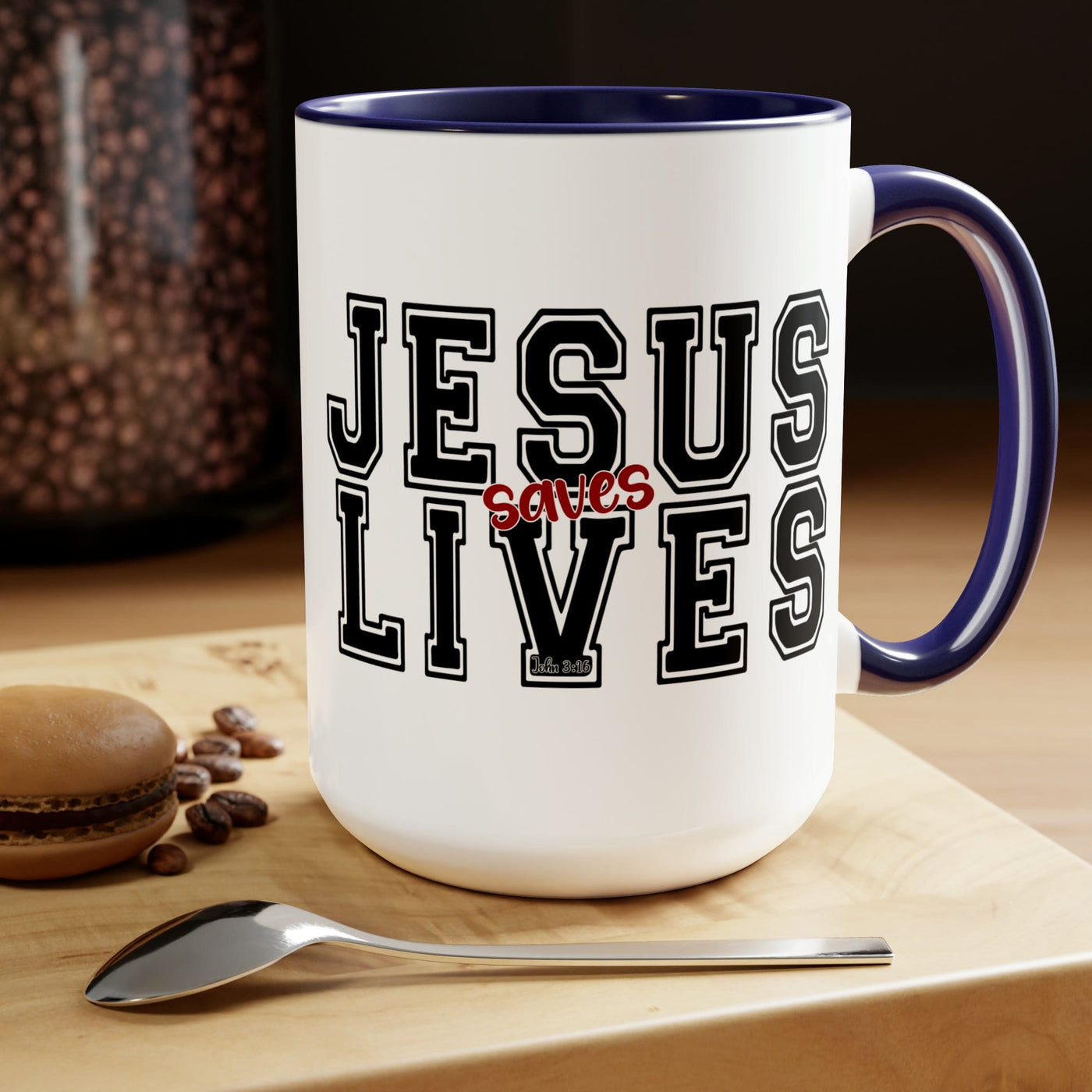 Accent Ceramic Coffee Mug 15oz - Jesus Saves Lives Black Red Illustration - Mug