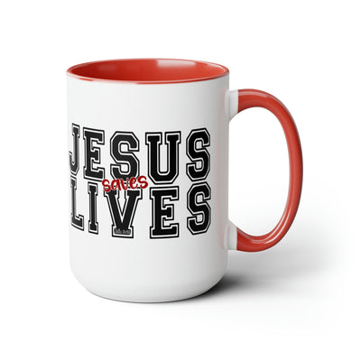 Accent Ceramic Coffee Mug 15oz - Jesus Saves Lives Black Red Illustration