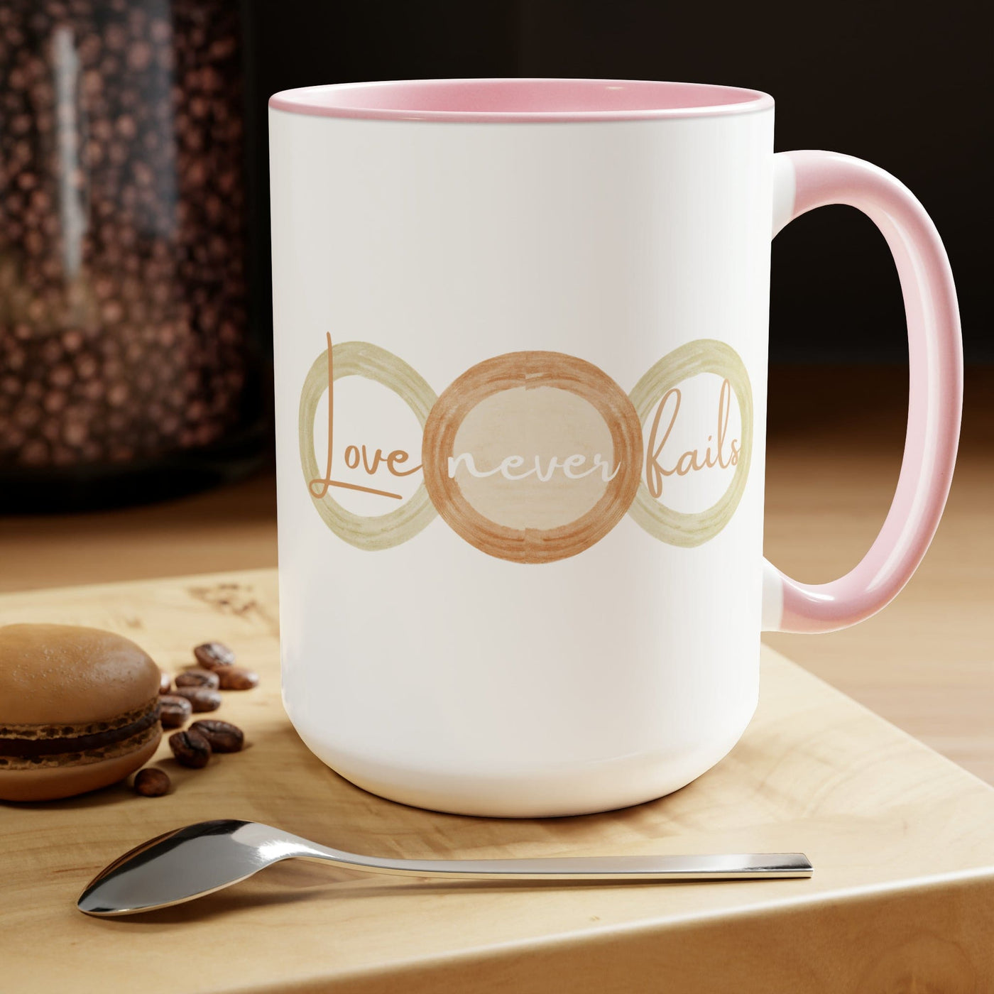 Accent Ceramic Coffee Mug 15oz - Love Never Fails Pastel Brown Beige Green Tri
