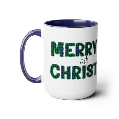 Accent Ceramic Coffee Mug 15oz - Merry With Christ Green Plaid Christmas Holiday