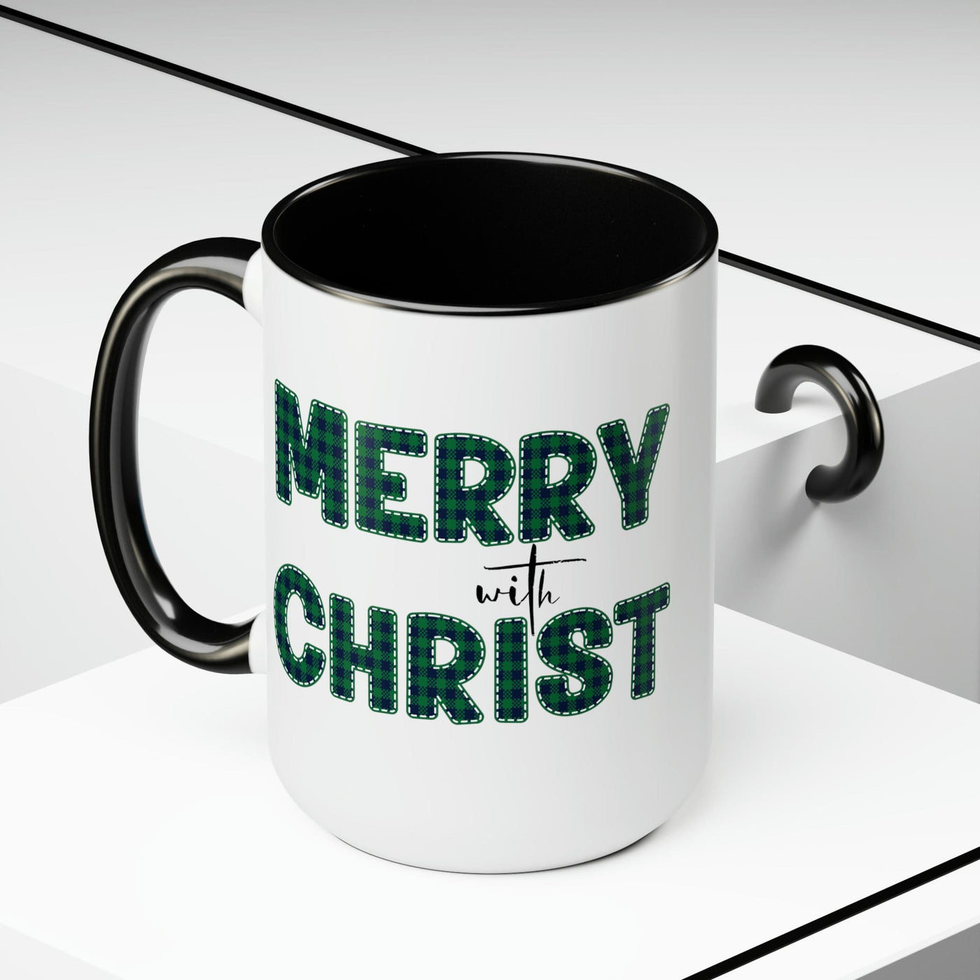Accent Ceramic Coffee Mug 15oz - Merry With Christ Green Plaid Christmas Holiday