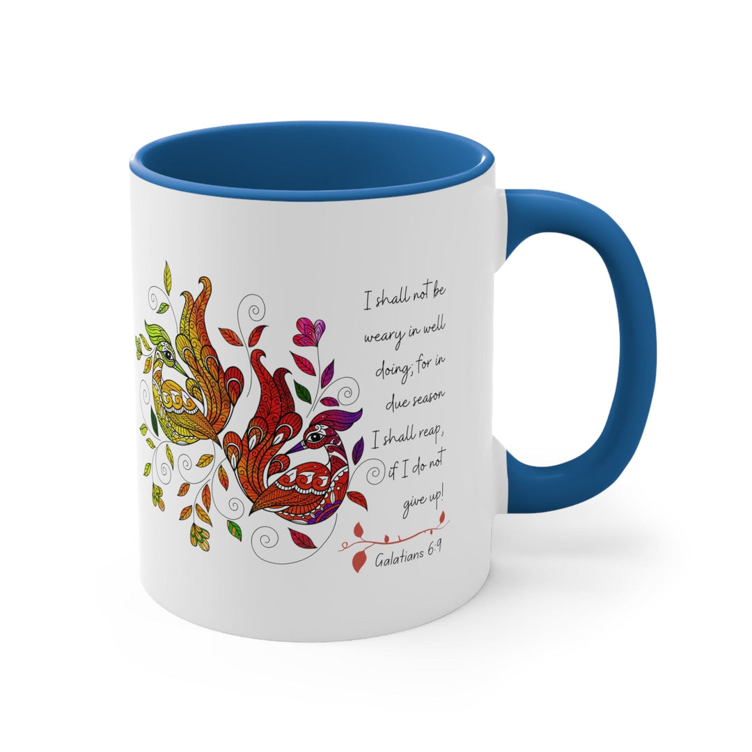 Accent Ceramic Mug 11oz i Shall not be Weary in Well Doing Peacock Design