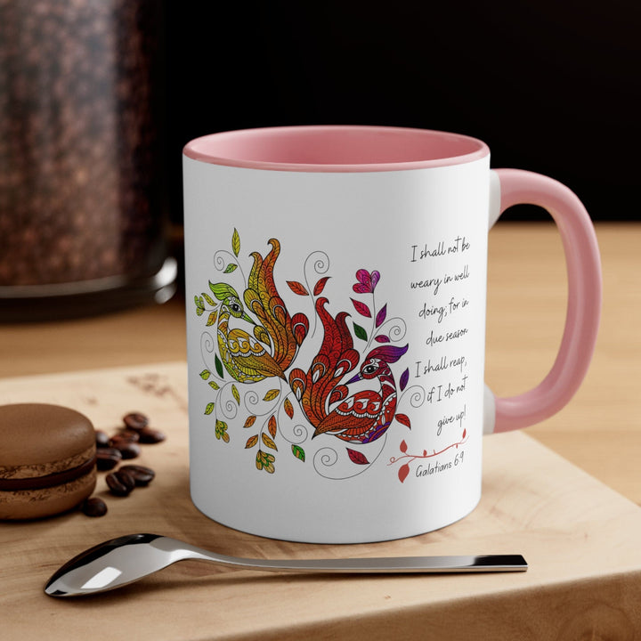 Accent Ceramic Mug 11oz i Shall not be Weary in Well Doing Peacock Design