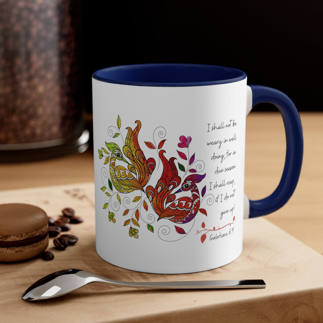 Accent Ceramic Mug 11oz i Shall not be Weary in Well Doing Peacock Design