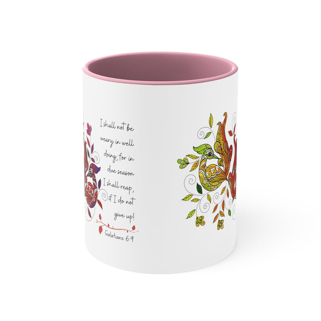 Accent Ceramic Mug 11oz i Shall not be Weary in Well Doing Peacock Design