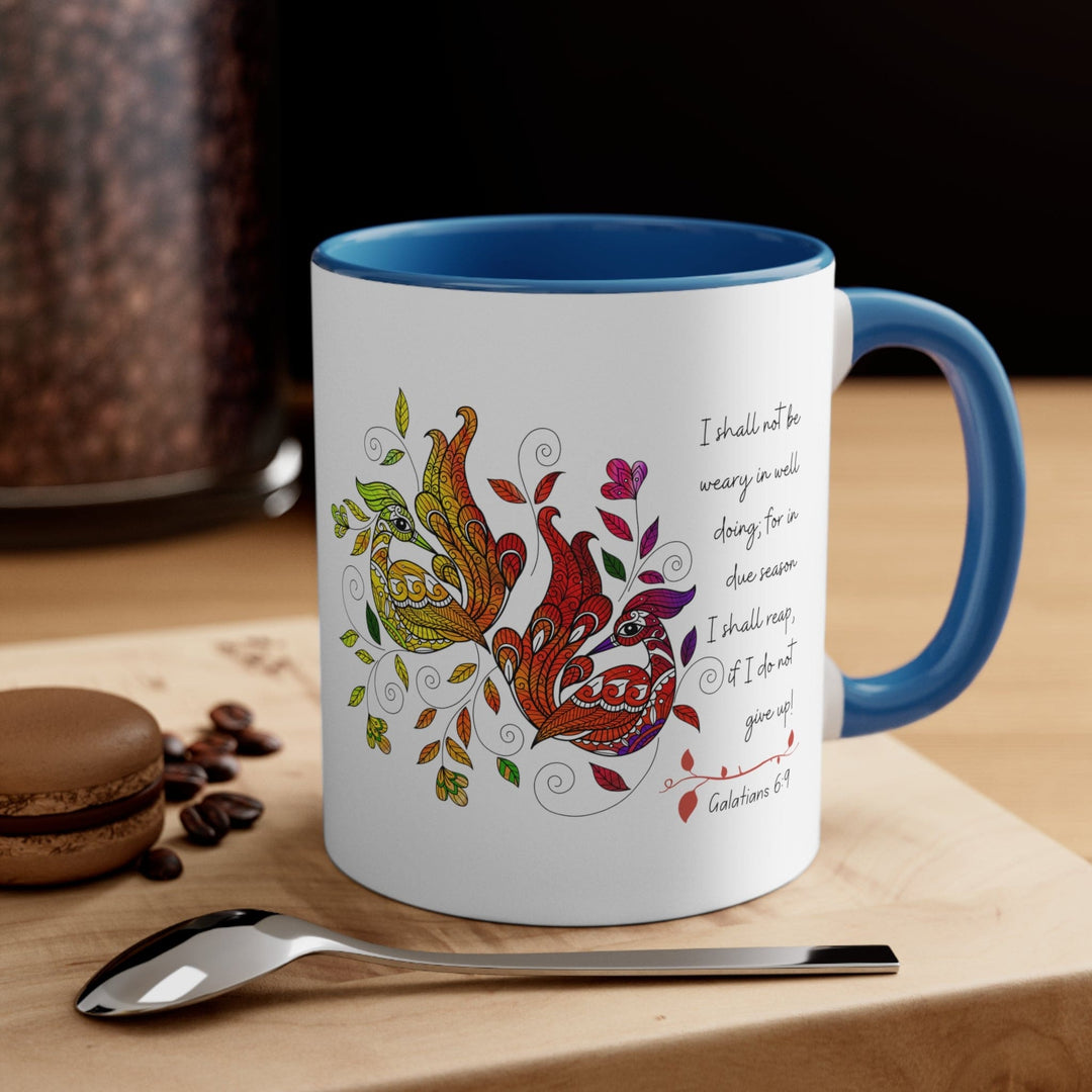 Accent Ceramic Mug 11oz i Shall not be Weary in Well Doing Peacock Design