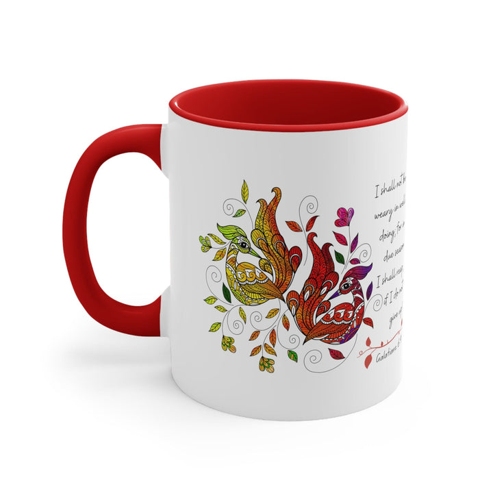 Accent Ceramic Mug 11oz i Shall not be Weary in Well Doing Peacock Design