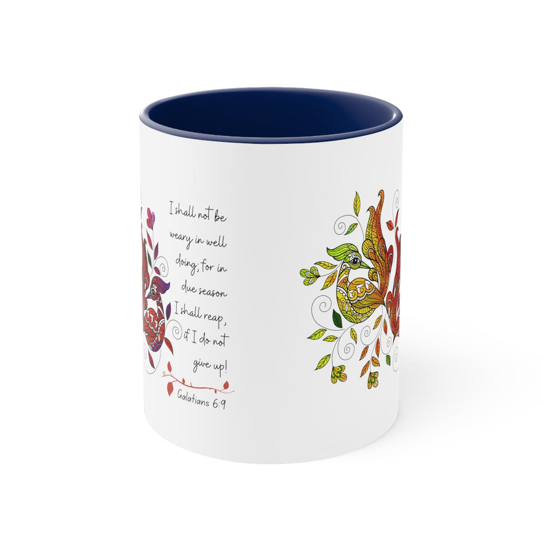 Accent Ceramic Mug 11oz i Shall not be Weary in Well Doing Peacock Design