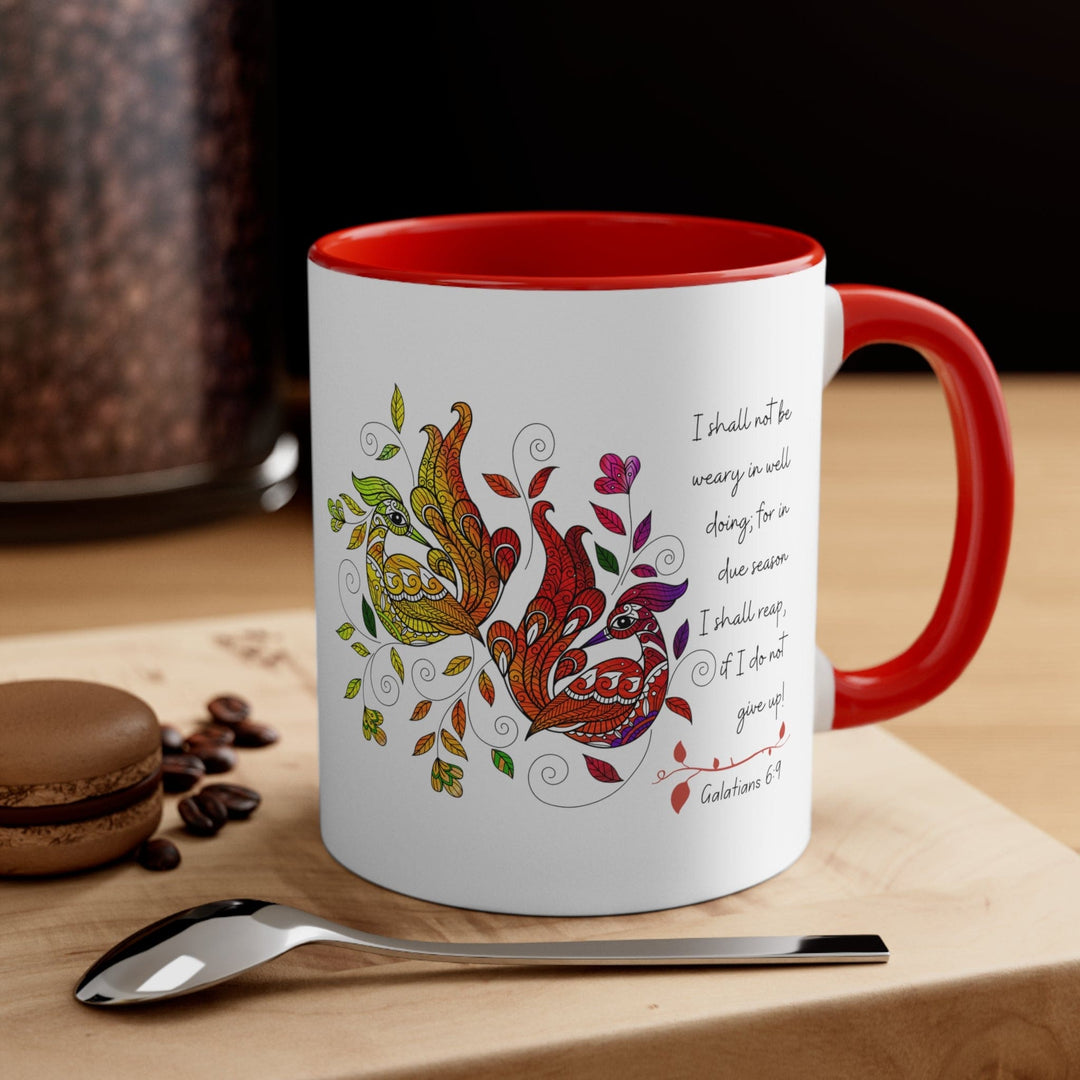 Accent Ceramic Mug 11oz i Shall not be Weary in Well Doing Peacock Design