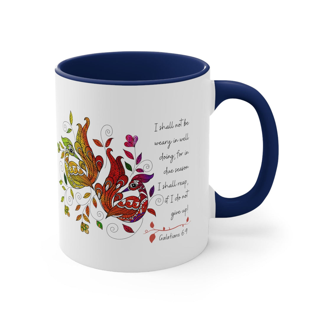 Accent Ceramic Mug 11oz i Shall not be Weary in Well Doing Peacock Design