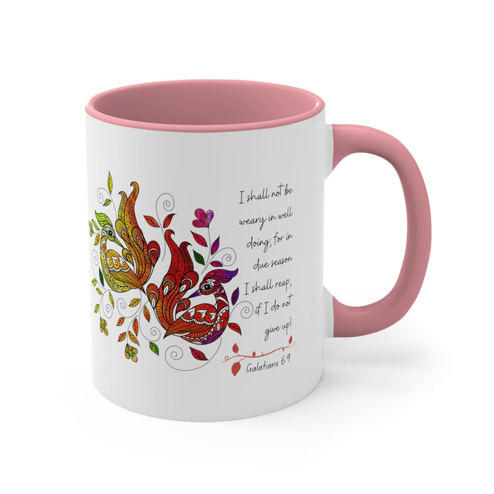 Accent Ceramic Mug 11oz i Shall not be Weary in Well Doing Peacock Design