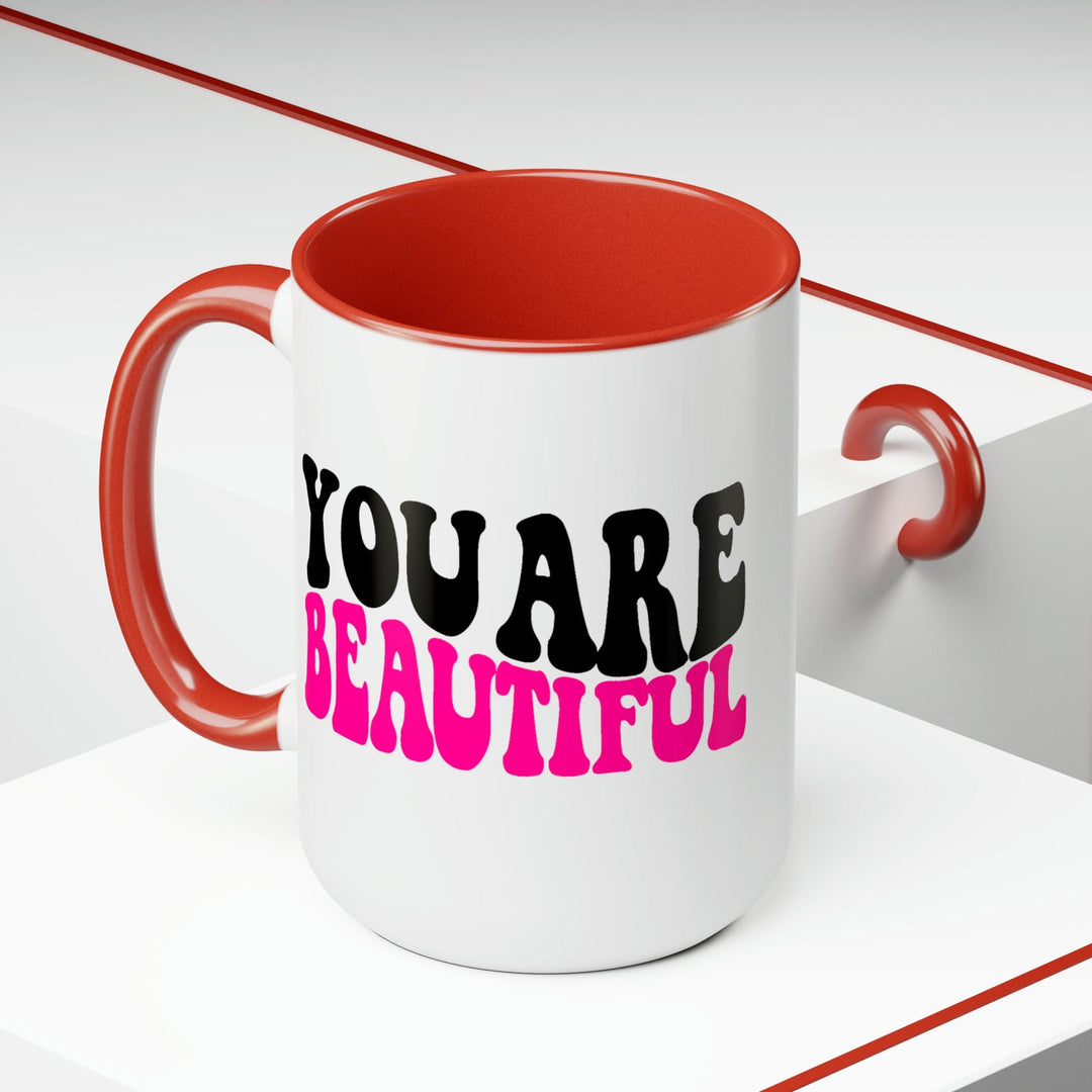 Accent Ceramic Mug 15oz you are Beautiful Pink Black Affirmation Illustration