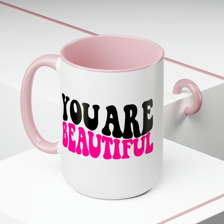 Accent Ceramic Mug 15oz you are Beautiful Pink Black Affirmation Illustration