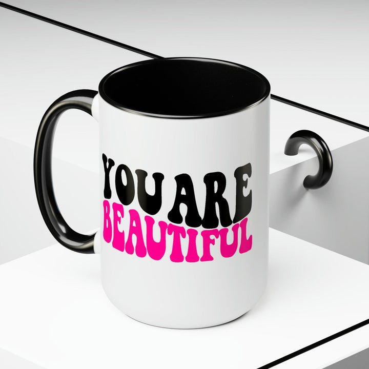 Accent Ceramic Mug 15oz you are Beautiful Pink Black Affirmation Illustration