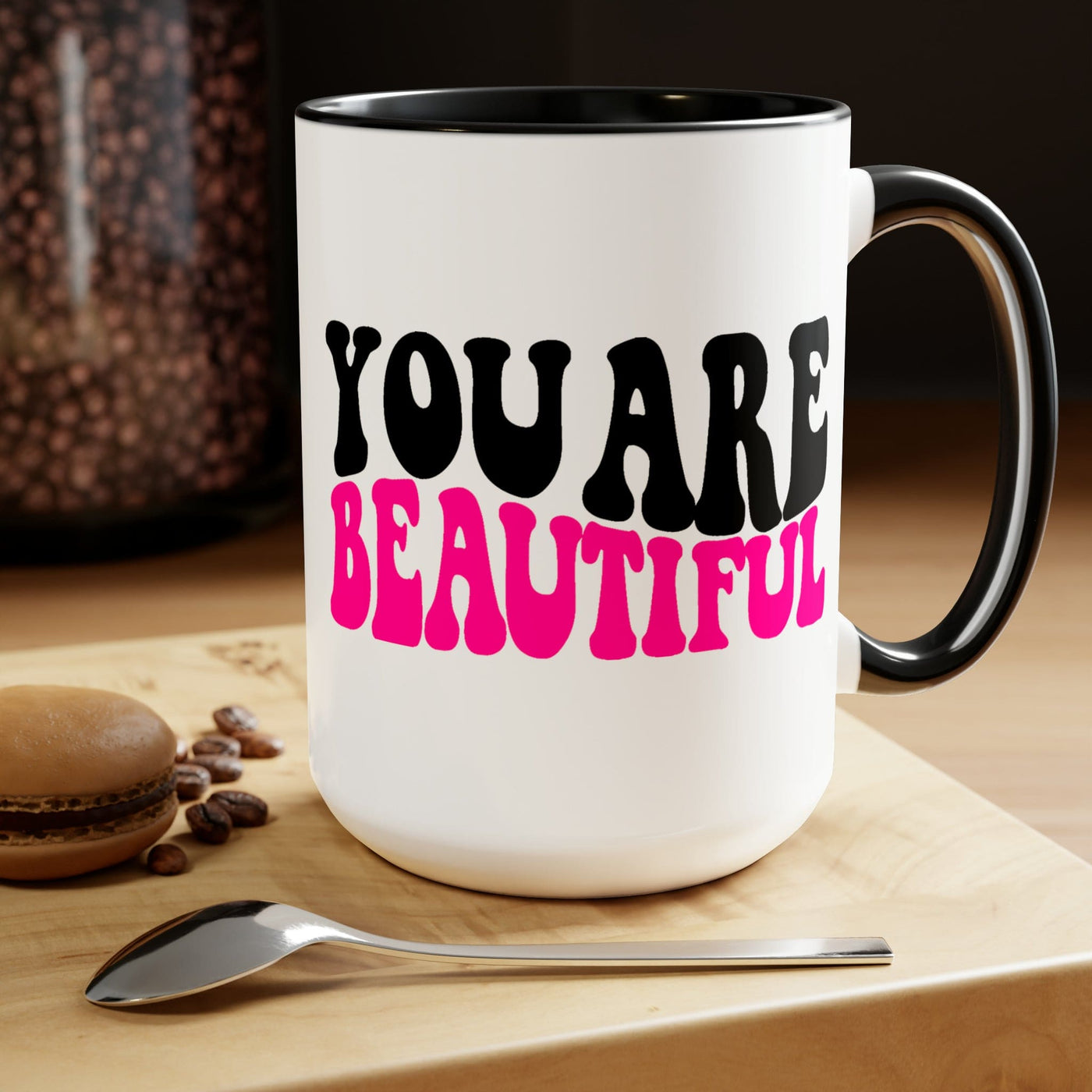 Accent Ceramic Mug 15oz You Are Beautiful Pink Black Affirmation Illustration