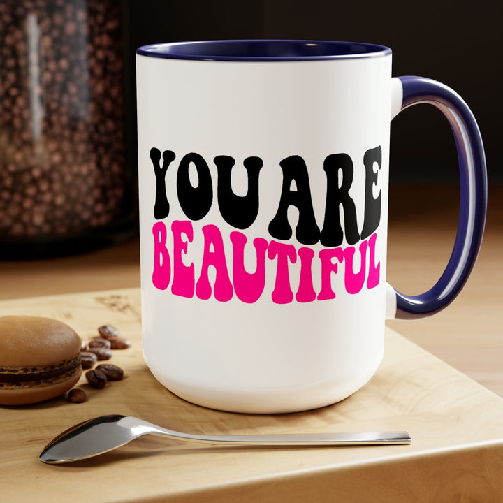 Accent Ceramic Mug 15oz you are Beautiful Pink Black Affirmation Illustration