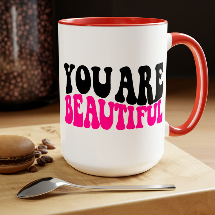 Accent Ceramic Mug 15oz you are Beautiful Pink Black Affirmation Illustration