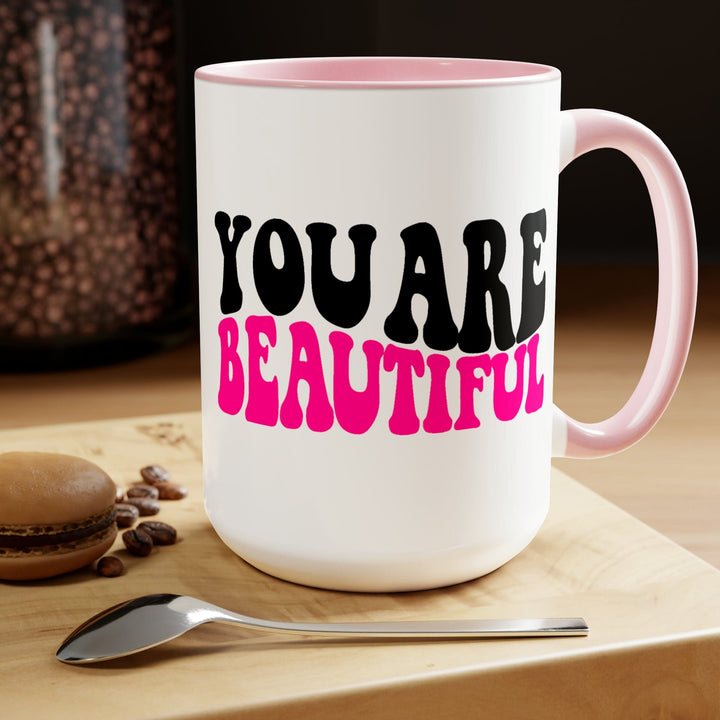 Accent Ceramic Mug 15oz you are Beautiful Pink Black Affirmation Illustration