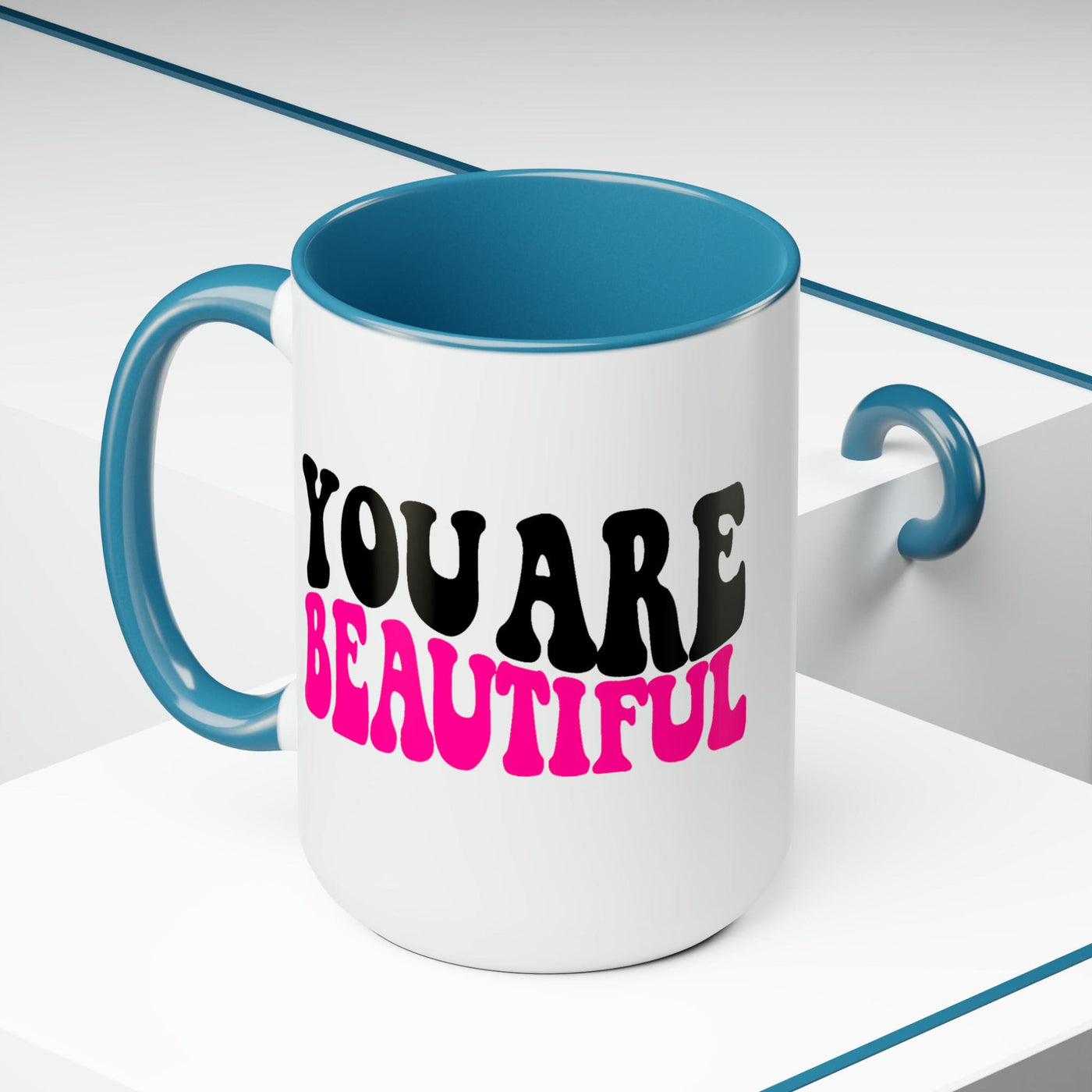 Accent Ceramic Mug 15oz You Are Beautiful Pink Black Affirmation Illustration