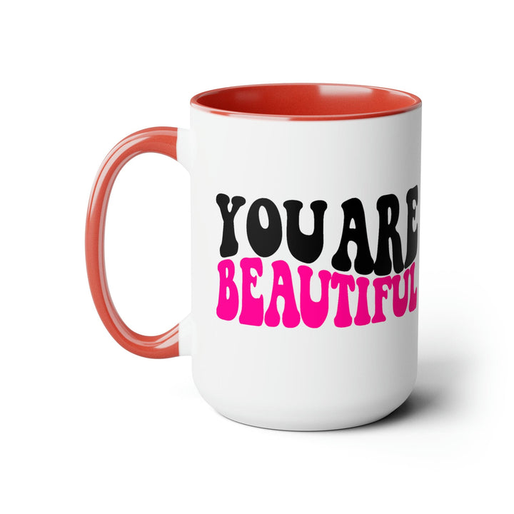 Accent Ceramic Mug 15oz you are Beautiful Pink Black Affirmation Illustration