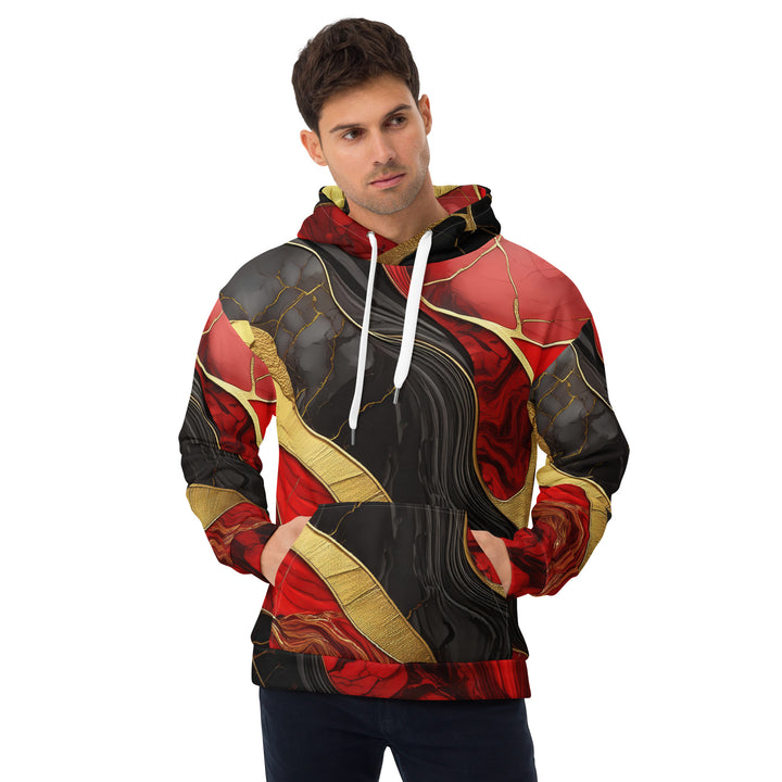 Mens Graphic Hoodie Bold Red Gold Tones Print