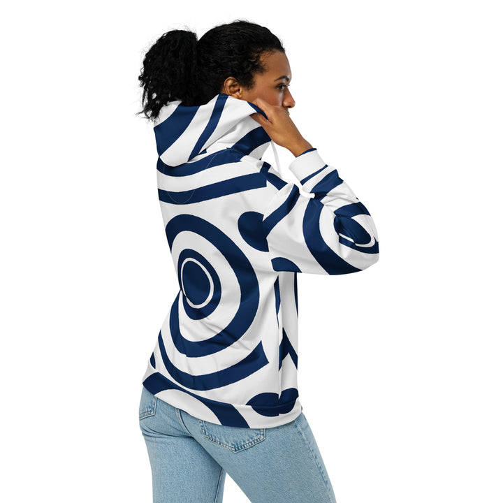 Womens Graphic Zip Hoodie Navy Blue And White Circular Pattern