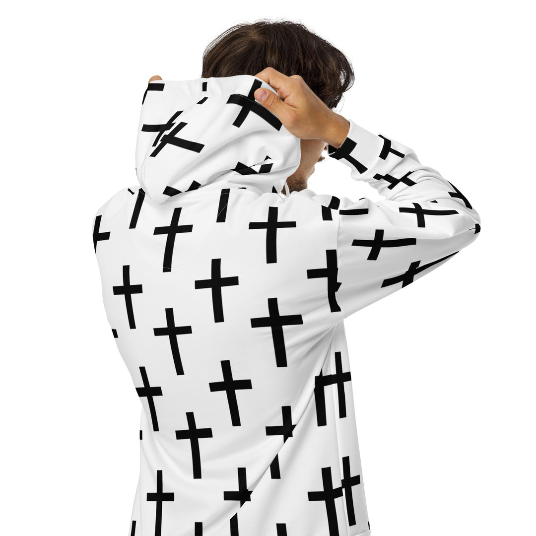 Mens Full Zip Graphic Hoodie, White Black Cross Print