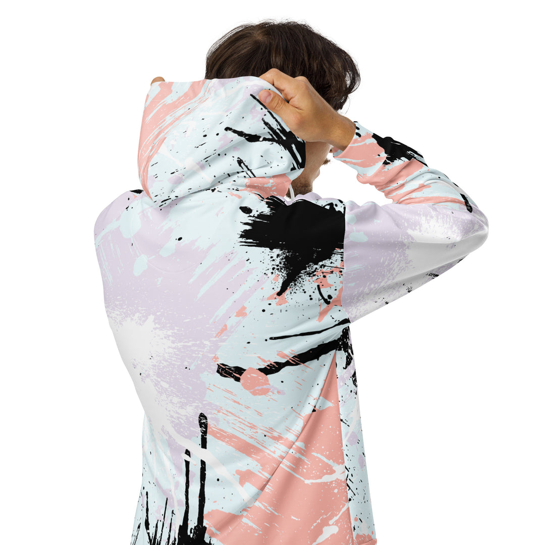 Mens Full Zip Graphic Hoodie, Pink Black Abstract Print