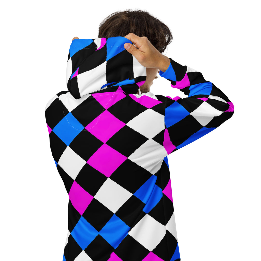 Mens Full Zip Graphic Hoodie, Pink Blue Checkered Pattern