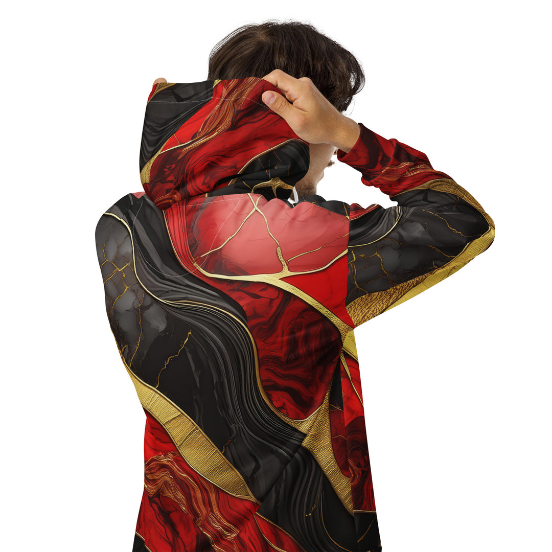 Mens Full Zip Graphic Hoodie, Bold Red Gold Tones Print